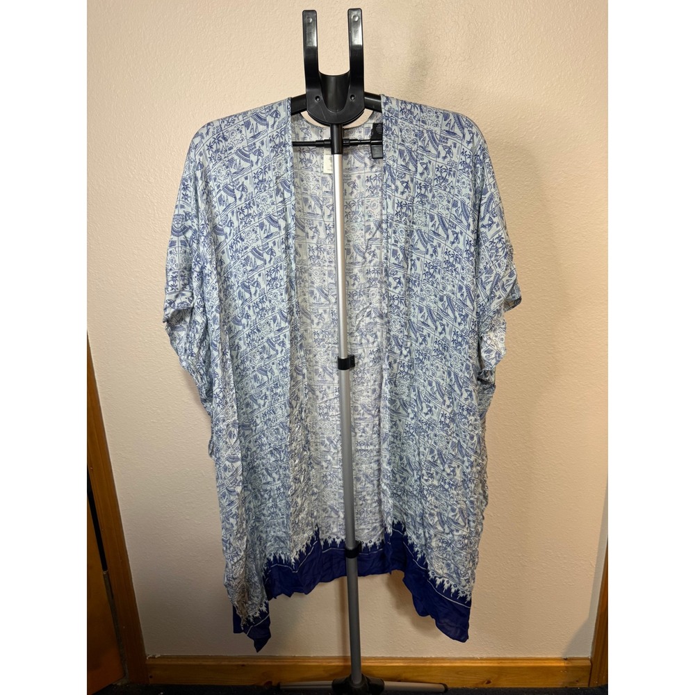 Cabi Kimono Topper Blue White Tropical Nautical Print Open Front Wrap OS 5988